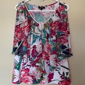 MSK|Embellished floral Asymmetrical Overlay Top